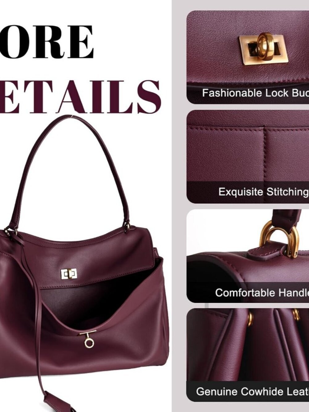 Women's Leather-Burgundy  Soft Cowhide Shoulder Satchel Purse Stylish Hand bags - Picture 6 of 6